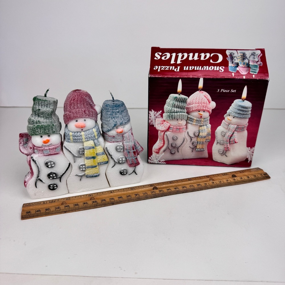 Vtg 3pc Snowman Puzzle Candles Tabletop Christmas‎ Holiday Decor Wax Giftco Inc
